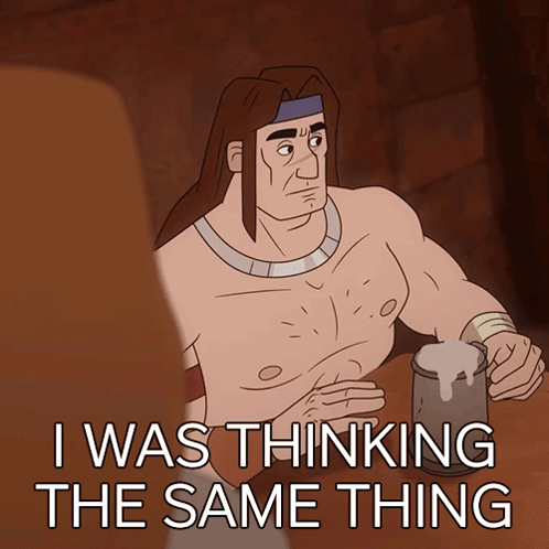 a cartoon of a man sitting at a table with a mug of beer and the words i was thinking the same thing below him