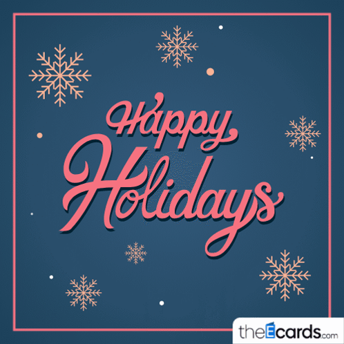 a happy holidays greeting card with snowflakes on a dark blue background