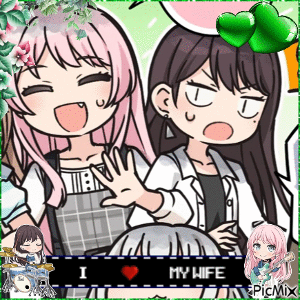 two anime girls are standing next to each other with the words i love my wife