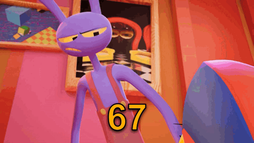 a cartoon character with the number 67 on his chest