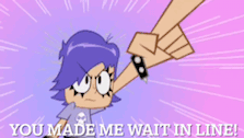a cartoon of a girl with purple hair and the words you made me wait in line on the bottom