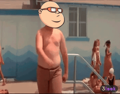 a cartoon of a shirtless man with glasses and a 3look sticker