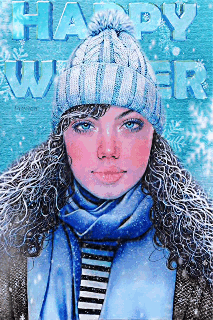 a painting of a woman wearing a hat and scarf with the words happy winter above her
