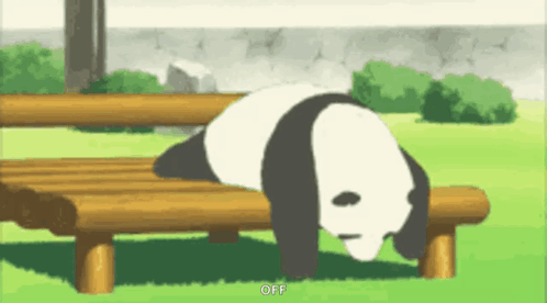 An animated panda lies face-down across a bench in a sleepy pose.