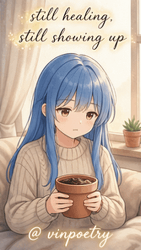 a girl with blue hair is holding a potted plant with the words still healing still showing up