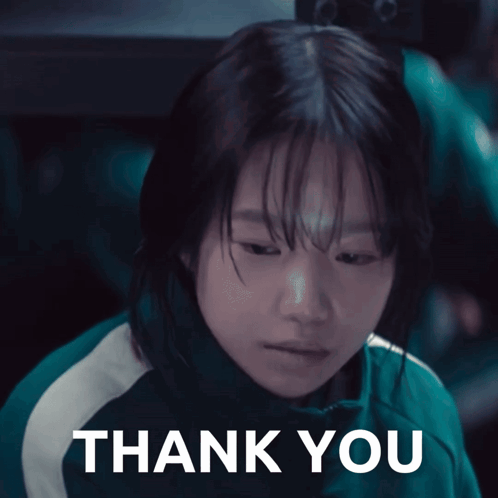 a girl in a green jacket with the words thank you on the bottom