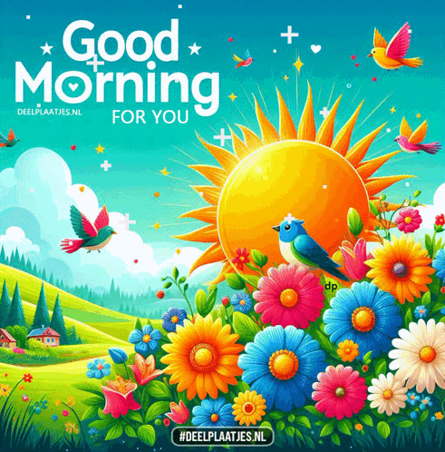 a poster that says " good morning for you " with flowers and birds