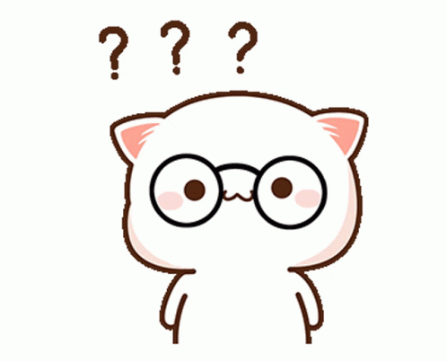 A white cartoon cat with glasses holds its head beside three question marks.