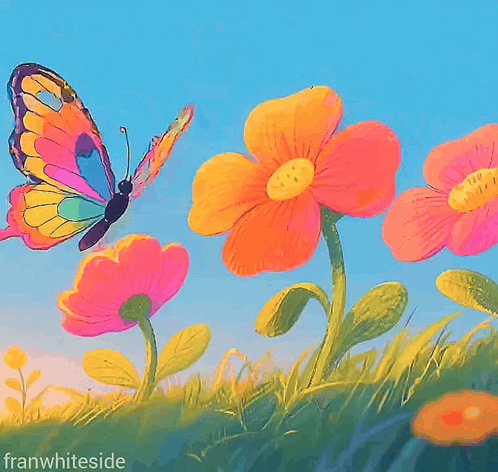 A colorful butterfly flies above bright illustrated flowers on a blue background.