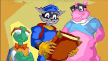 a group of cartoon characters are standing next to each other and one is reading a book
