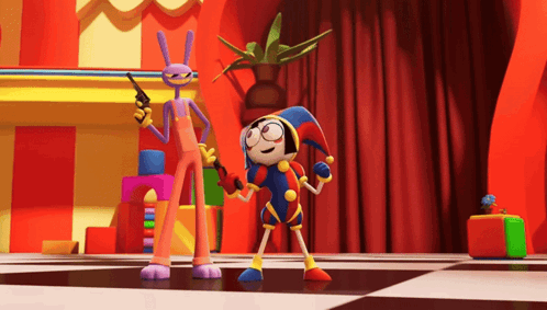 a cartoon character holding a gun next to a cartoon character holding a jester hat