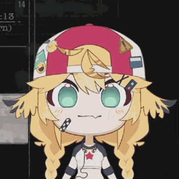 a cartoon girl wearing a red and white hat with a warning sign on it