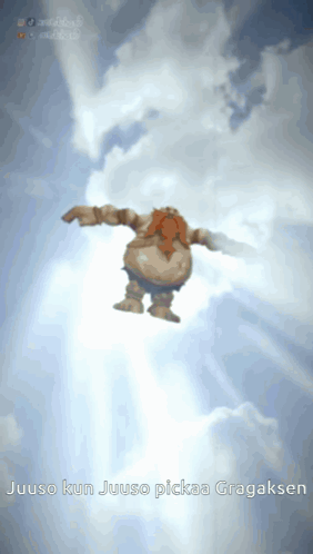 League of Legends Gragas falls through bright clouds with a small caption at the bottom.
