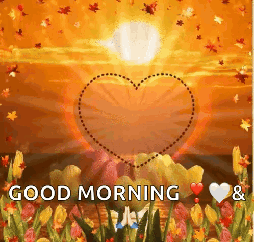 An orange sunrise shines through a heart outline with a “GOOD MORNING” message.