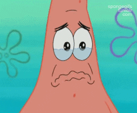Patrick Star makes a worried, tearful face underwater.
