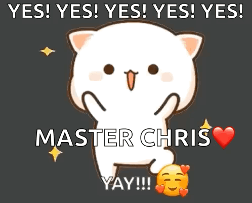 a cartoon cat with the words yes yes yes yes master chris yay !!!