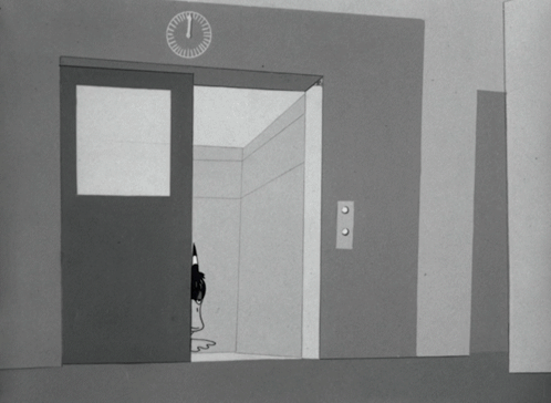a black and white cartoon of a duck looking out of an elevator with a clock above it