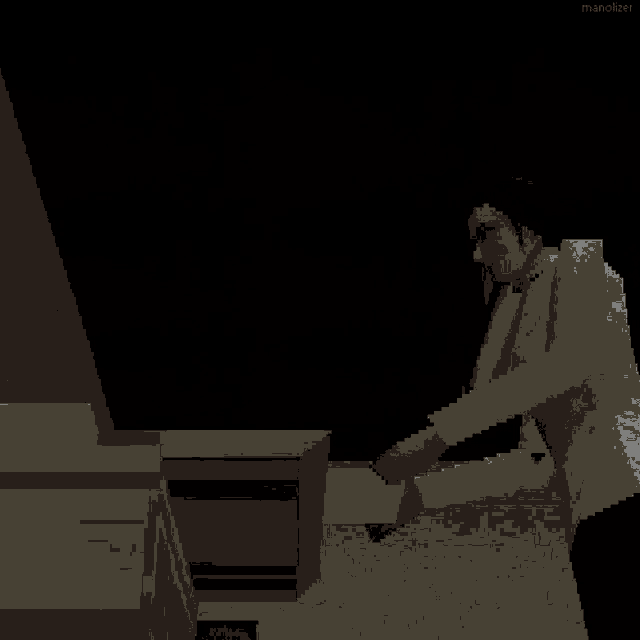 a pixelated image of a man holding a piece of paper with the name manolizer on the bottom