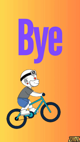 A small Snoopy-like cartoon rides a bicycle under a large “Bye” headline.
