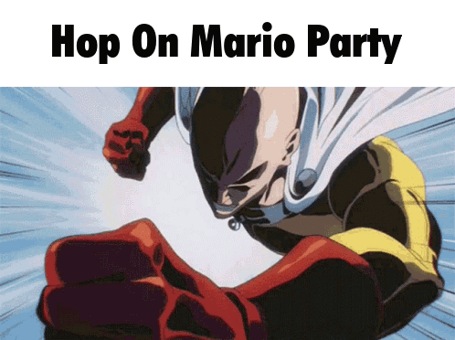 a picture of a cartoon character with the words hop on mario party