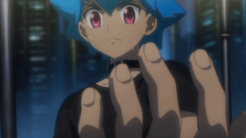 a boy with blue hair and pink eyes holds his fist up in the air