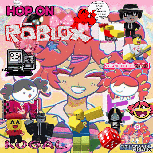 a collage of cartoon characters with the words hop on roblox at the top