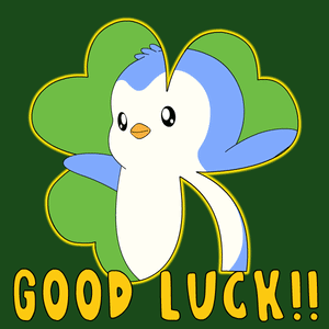 A cartoon penguin framed by a lucky clover displays bold yellow “GOOD LUCK!!” text.