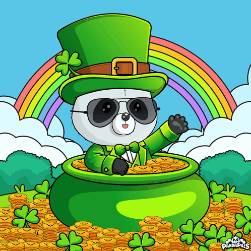 a panda bear wearing a leprechaun hat and sunglasses is sitting in a pot of gold