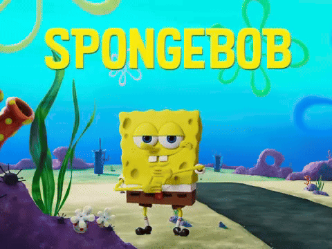 SpongeBob stands in an underwater scene beneath large “SPONGEBOB” text.