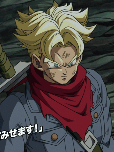 a cartoon character with a scarf around his neck and a sword