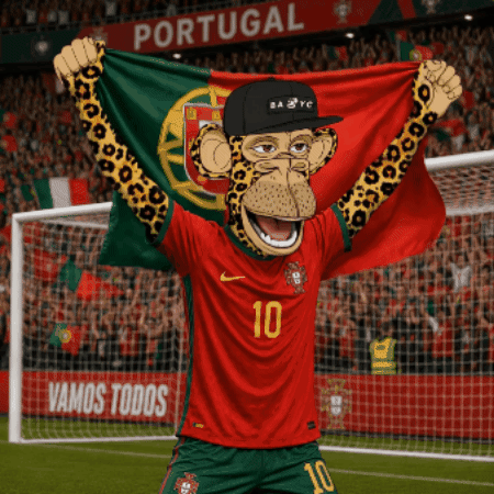 a monkey wearing a portugal jersey holds a flag in front of a crowd