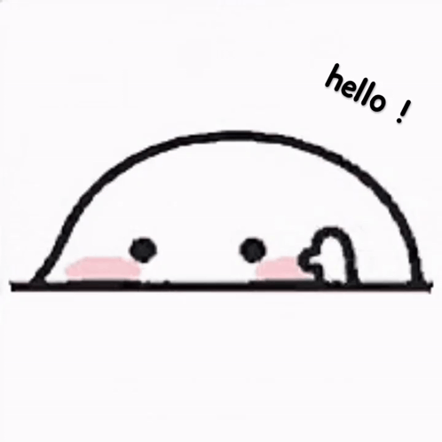 A round cartoon character peeks up and says “hello!”
