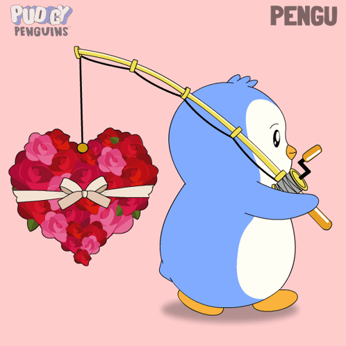 A blue cartoon penguin carries a large bouquet of red flowers.