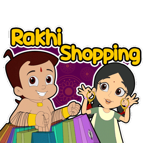 a cartoon of a boy and a girl holding shopping bags with the words " rakhi shopping " below them