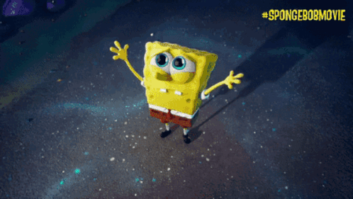 SpongeBob floats through space with arms raised in distress.