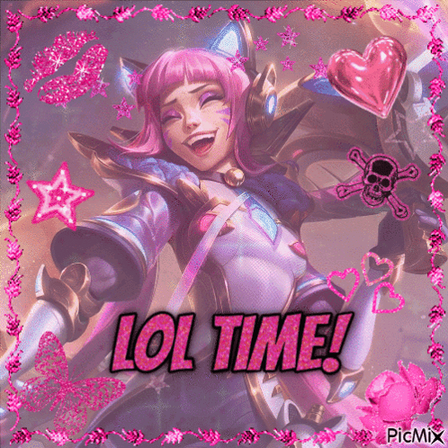 Jinx poses in bright pink game art with the caption “LOL TIME!”