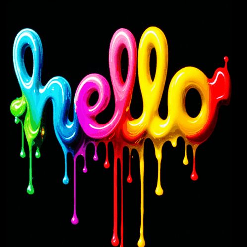 Colorful dripping paint spells “hello” on a black background.