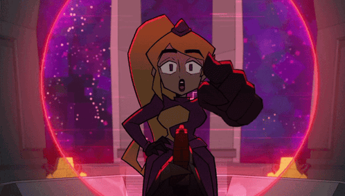 a cartoon character with a surprised look on her face is standing in front of a purple circle