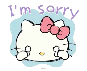 Hello Kitty covers her face under purple “I’m Sorry” text.