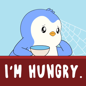 A blue cartoon penguin holds an empty bowl beside the caption “I'M HUNGRY.”