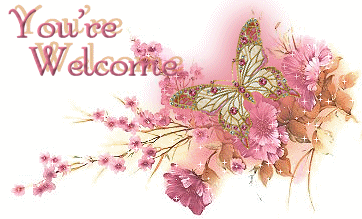 Pink floral artwork with a butterfly displays a decorative “You’re Welcome” message.