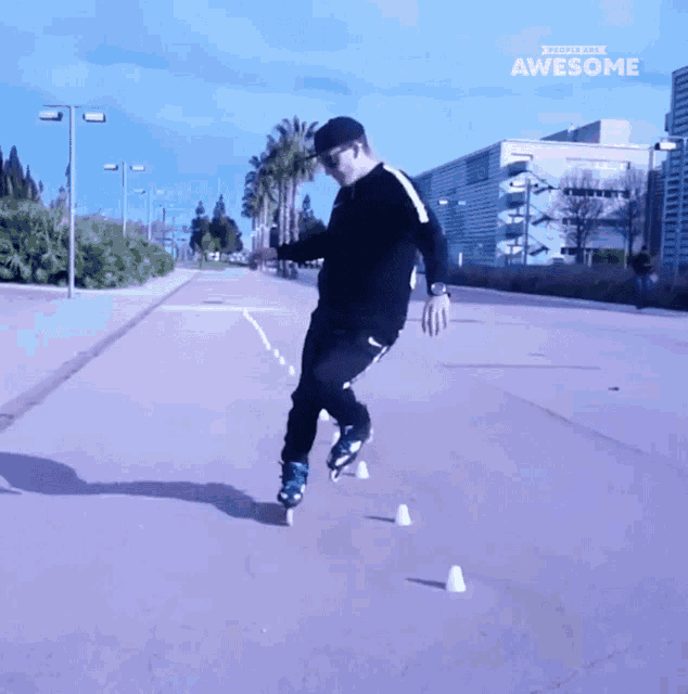 a man is rollerblading on a street with the words awesome behind him