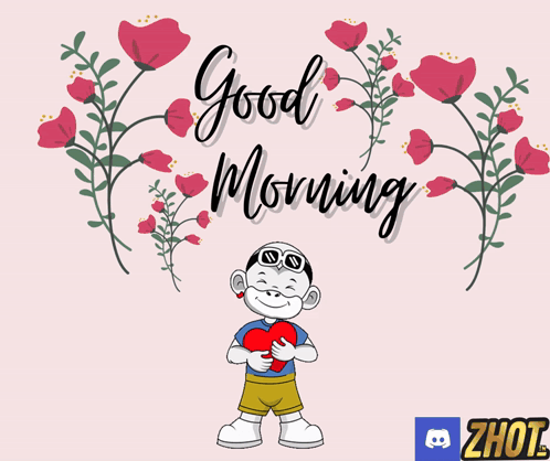a cartoon of a boy holding a heart and the words good morning