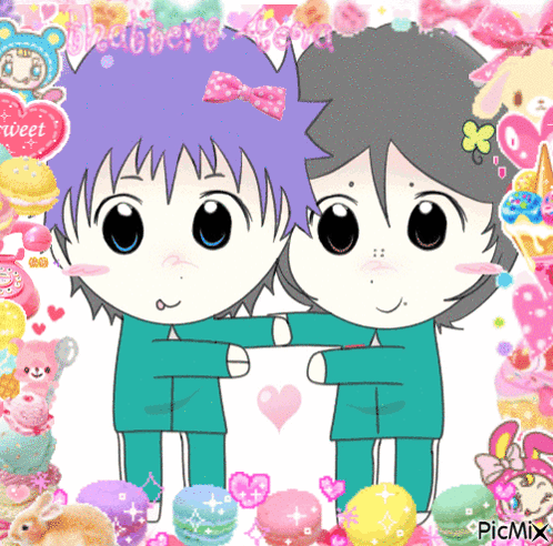 a couple of cartoon characters hugging each other with a heart in the middle and a pink heart with the word sweet on it