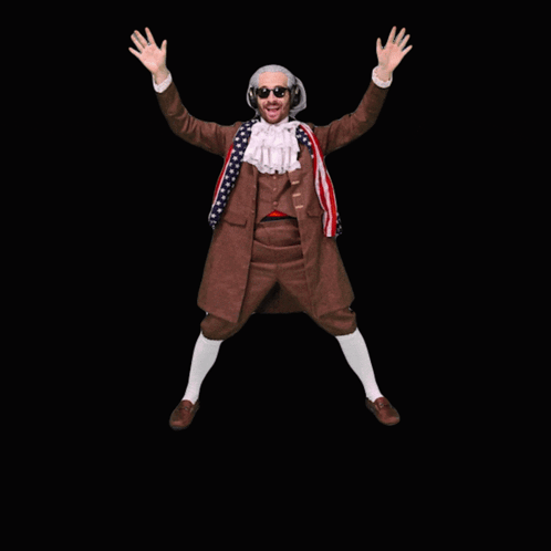 a man in a benjamins costume is jumping with his arms in the air