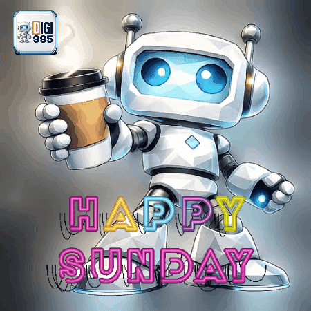 a robot is holding a cup of coffee and the words happy sunday are below it