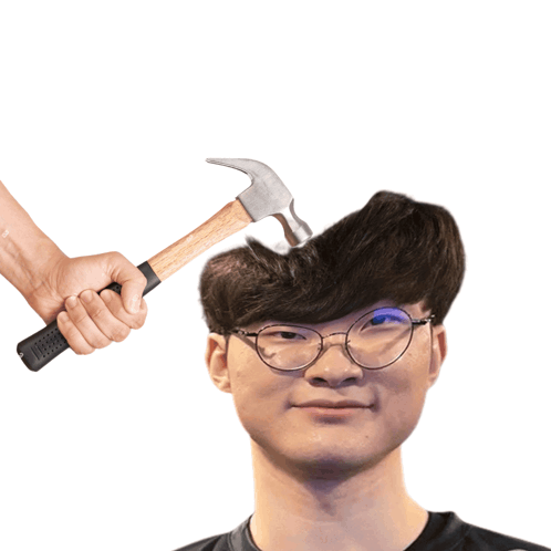A hand holding a hammer is poised above Faker’s head.