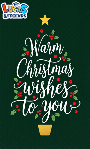 a lucas and friends christmas card with a christmas tree and the words warm christmas wishes to you