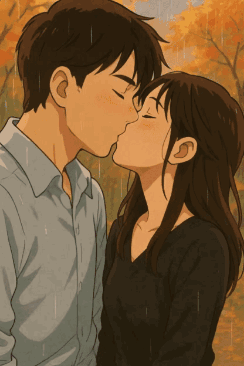 An illustrated couple kisses beneath autumn leaves.