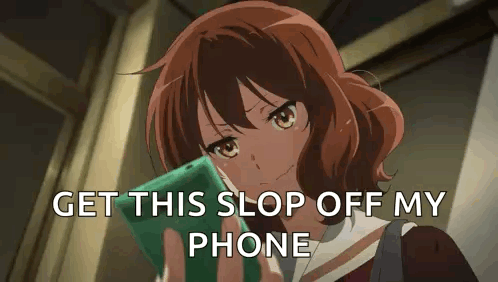 An anime girl holds up a phone beside the caption “GET THIS SLOP OFF MY PHONE.”